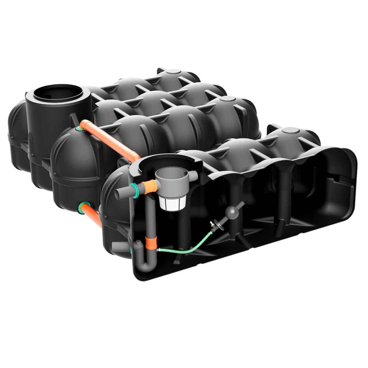 ohne PS, 1 Behälter mit vorinstallierten Korbfilter Evo black & Überlaufsiphon mit Kleintierschutz & Retentionsdrossel + 1 Behälter ohne Bohrung